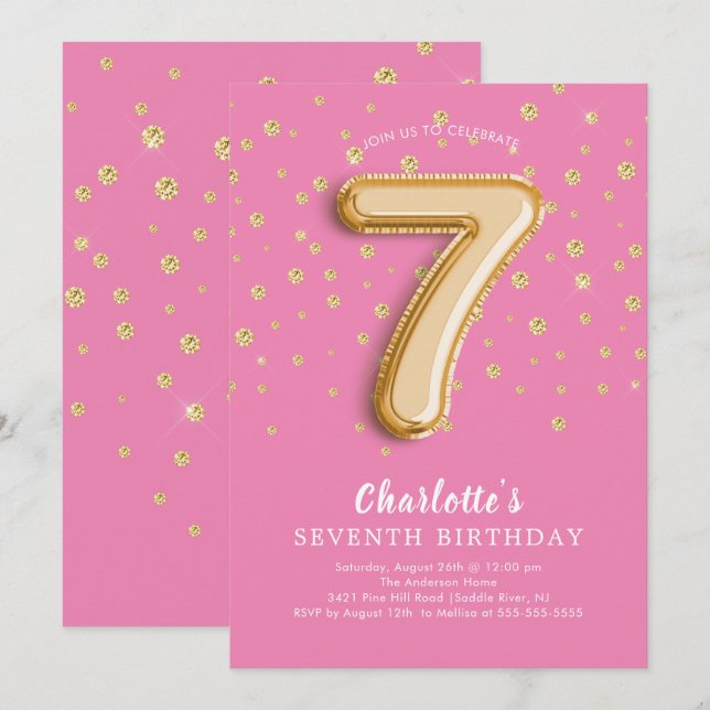 Invitación de cumpleaños 7 a un globo de Relieve m (Anverso / Reverso)