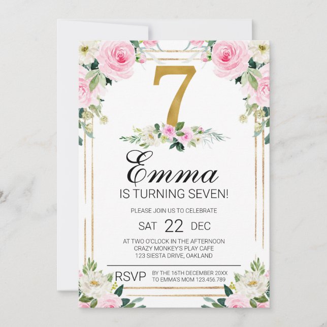 Invitación de cumpleaños 7 chicas Pink & Gold (Anverso)