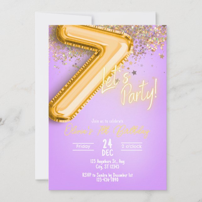 Invitación de cumpleaños 7 con purpurina (Anverso)