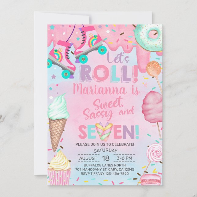 Invitación de cumpleaños 7 de niña con dulces y pa (Anverso)