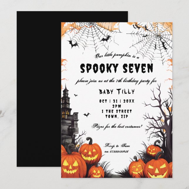 invitación de cumpleaños 7 Halloween calabaza (Anverso / Reverso)