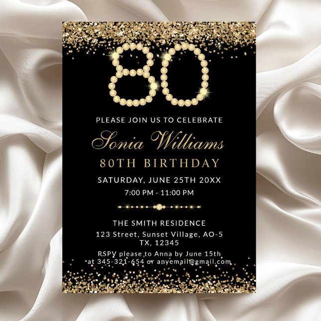 Invitación de cumpleaños 80 a Black Gold Diamonds (Gold Diamonds 80th Birthday Party Invitation)