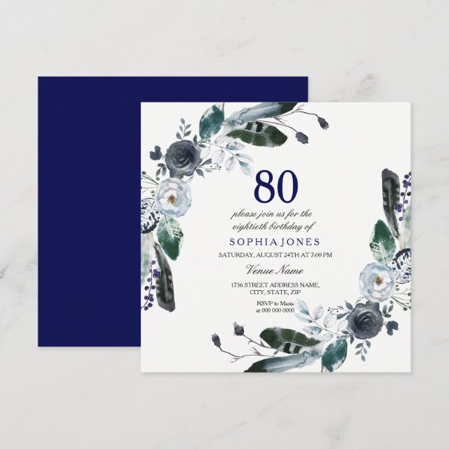 Invitación de cumpleaños 80 a Floral blanca azul d (Anverso / Reverso)