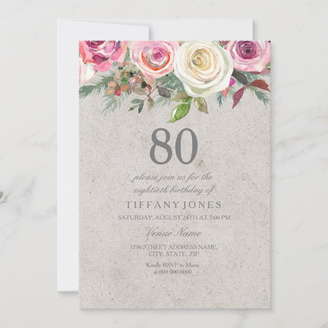 Invitación de cumpleaños 80 a Floral blanca y rosa (Anverso)