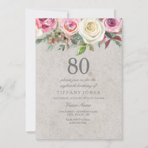 Invitación de cumpleaños 80 a Floral blanca y rosa
