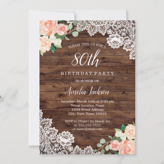 Invitación de cumpleaños 80 a Floral Rustic Wood L (Anverso)