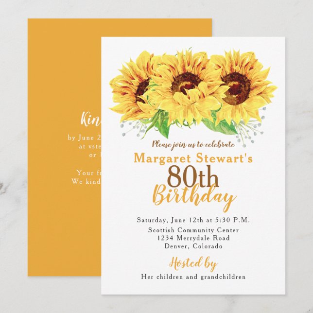 Invitación de cumpleaños 80 a Girasol amarillo (Anverso / Reverso)
