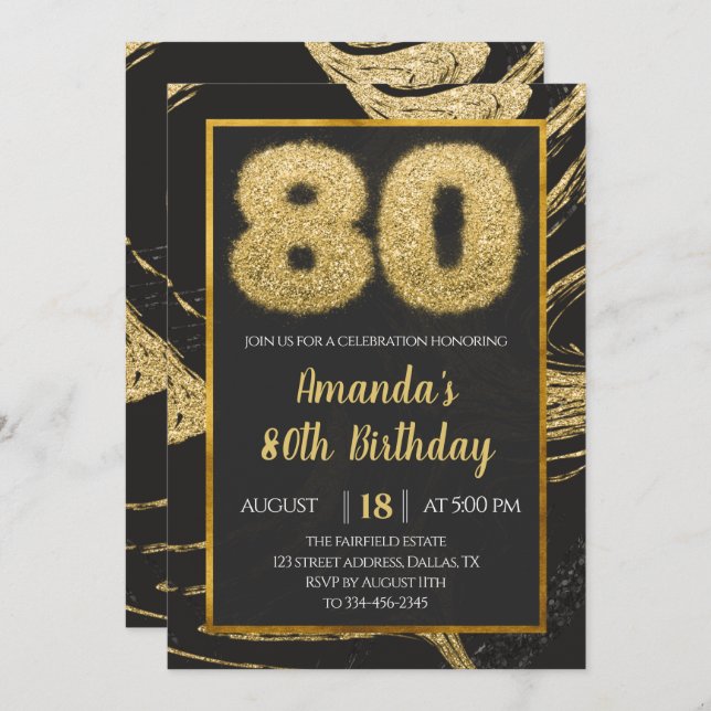 Invitación de cumpleaños 80 a Gold Marble (Anverso / Reverso)