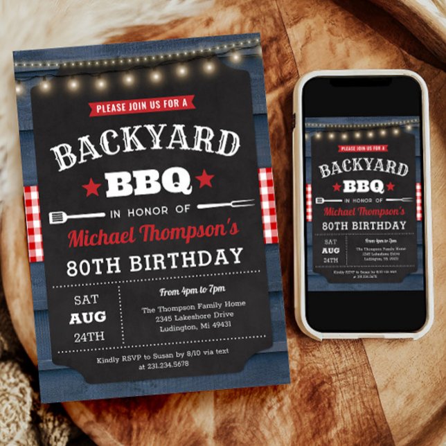 Invitación de cumpleaños 80 a la barbacoa del pati (Backyard Barbecue 80th Birthday Invitation)
