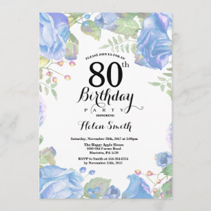 Invitación de cumpleaños 80 a la Floral Azul Botán