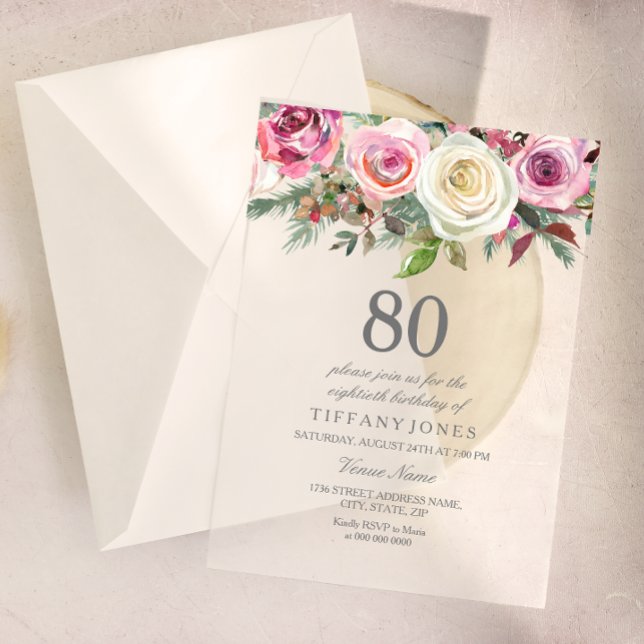 Invitación de cumpleaños 80 a la Floral de rosa bl (Subido por el creador)