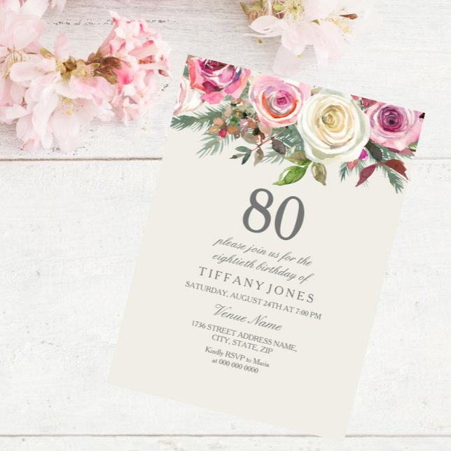 Invitación de cumpleaños 80 a la Floral de rosa bl (Subido por el creador)