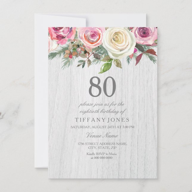Invitación de cumpleaños 80 a la Floral de rosa bl (Anverso)