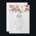 Invitación de cumpleaños 80 a la Floral de rosa bl<br><div class="desc">Floral de rosa blanca de madera rústica 80º cumpleaños Invite a un hermoso y elegante diseño de acuarela floral Personalizable completo / personalizado</div>