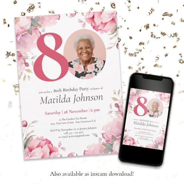 Invitación de cumpleaños 80 a la floral rosa de la (80th Birthday Pink Floral Botanical Custom Photo Invitation)