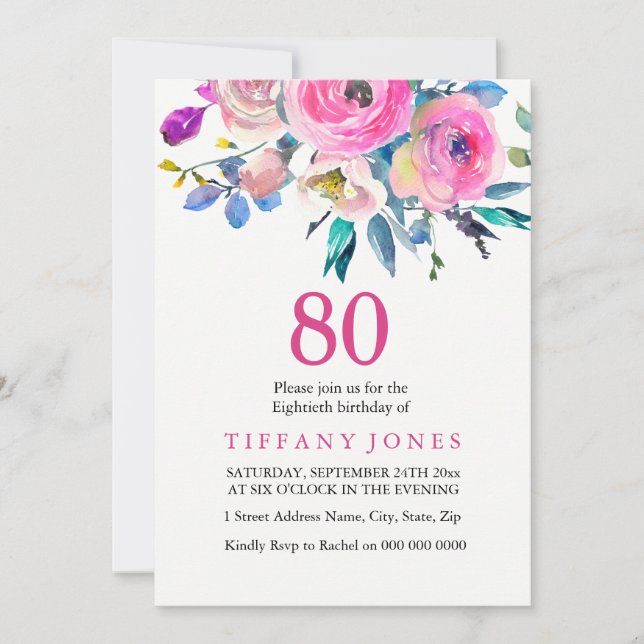 Invitación de cumpleaños 80 a la floral tropical r (Anverso)