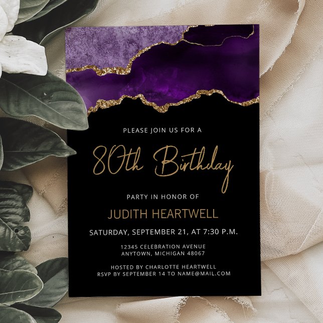 Invitación de cumpleaños 80 a la Purple Gold Agate (Subido por el creador)