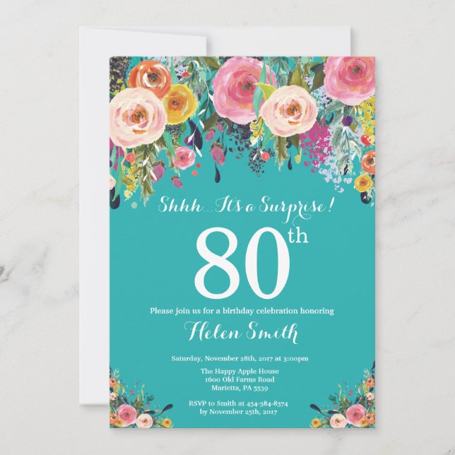 Invitación de cumpleaños 80 a la sorpresa floral V (Anverso)