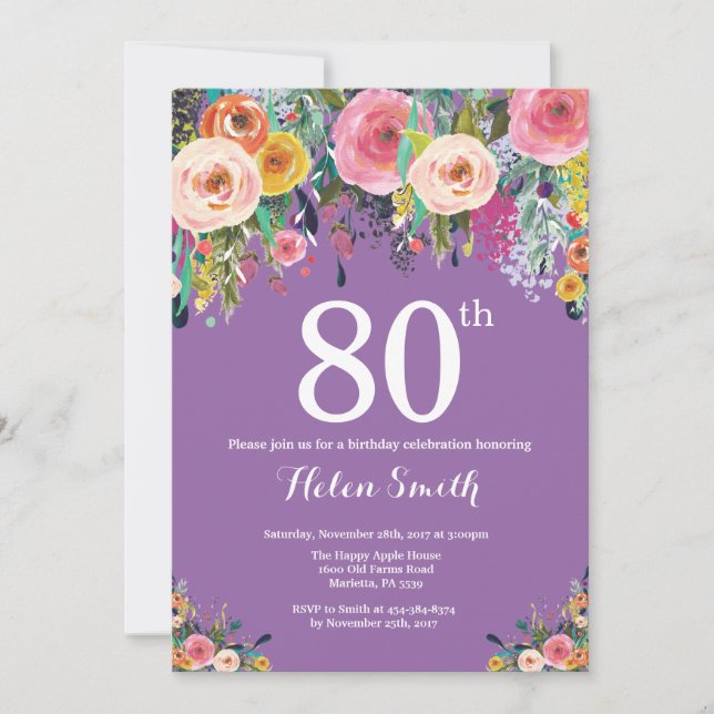 Invitación de cumpleaños 80 a Purple Floral (Anverso)