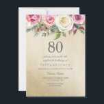Invitación de cumpleaños 80 a Rosa Blanca Relieve<br><div class="desc">Relieve metalizado dorado Rosa Blanca Rosa 80º cumpleaños Invite a un hermoso y elegante diseño de acuarela floral Personalizable completo / personalizado</div>