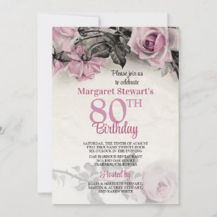 Invitación de cumpleaños 80 a rosas rosadas vintag