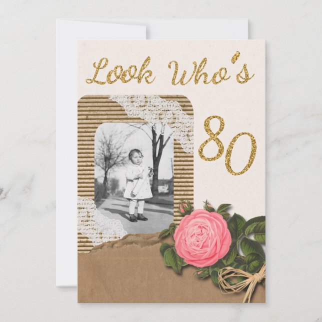 Invitación de cumpleaños 80 a ruidosa burlap y Ros (Anverso)