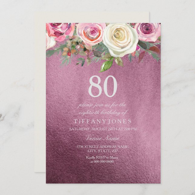Invitación de cumpleaños 80 al Relieve metalizado  (Anverso / Reverso)