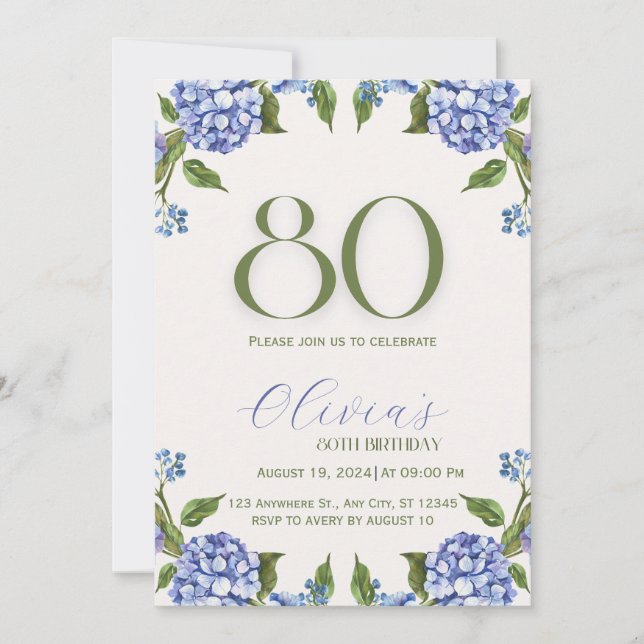 Invitación de cumpleaños 80 Blue Green Watercolor  (Anverso)