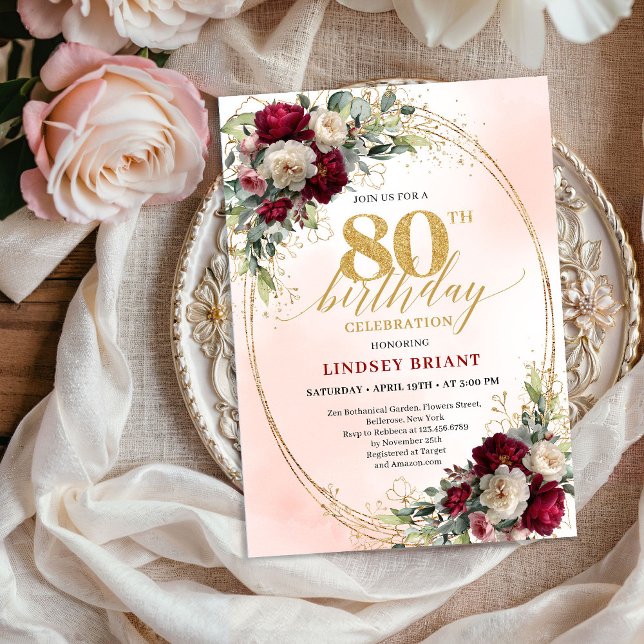 Invitación de cumpleaños 80 Boho Blush Burgundy Fl (Boho Blush Burgundy Floral 80th Birthday Invitation)
