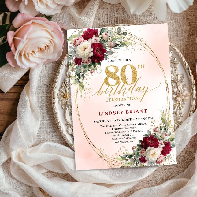 Invitación de cumpleaños 80 Boho Burgundy Blush Fl (Boho Burgundy Blush Floral 80th Birthday Invitation)