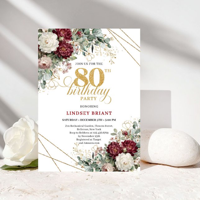 Invitación de cumpleaños 80 Boho Burgundy Floral (Boho Burgundy Floral 80th Birthday)