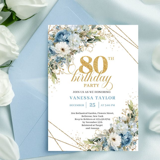 Invitación de cumpleaños 80 boho con marco dorado  (Chic 80th Birthday Invitation Boho Gold Frame)