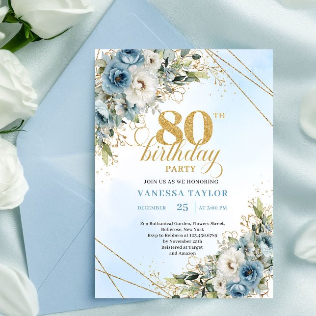 Invitación de cumpleaños 80 Boho Dusty Blue Floral (Boho Dusty Blue Floral Gold 80th Birthday Invitation XL

)