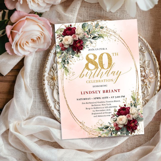 Invitación de cumpleaños 80 Boho Floral Blush Suav (Soft Blush Boho Floral 80th Birthday Party Invitation)