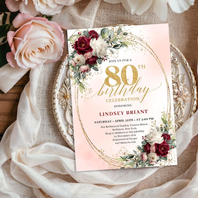 Invitación de cumpleaños 80 Boho Floral Rústico Bo (Burgundy Rustic Boho Floral 80th Birthday Invitation)