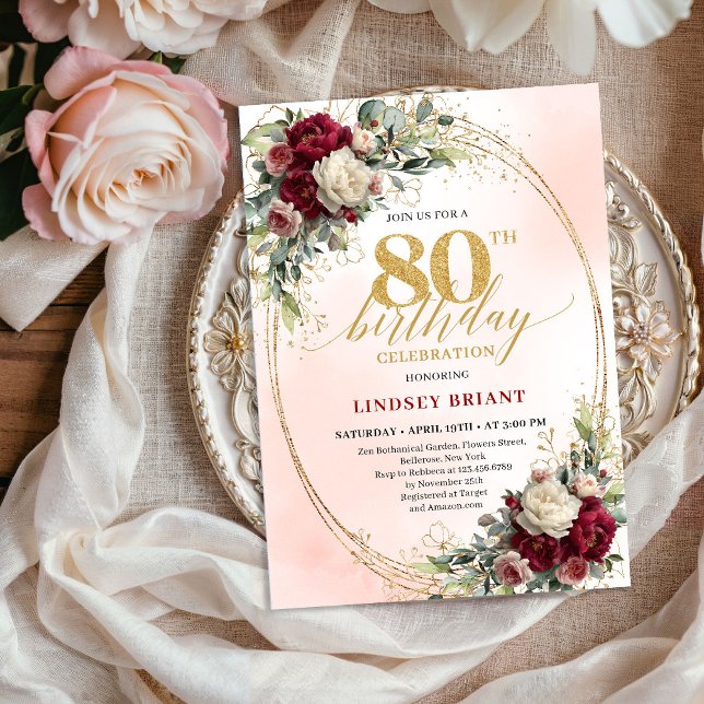 Invitación de cumpleaños 80 Boho Floral Soft Blush (Soft Blush Boho Floral 80th Birthday Party Invitation)