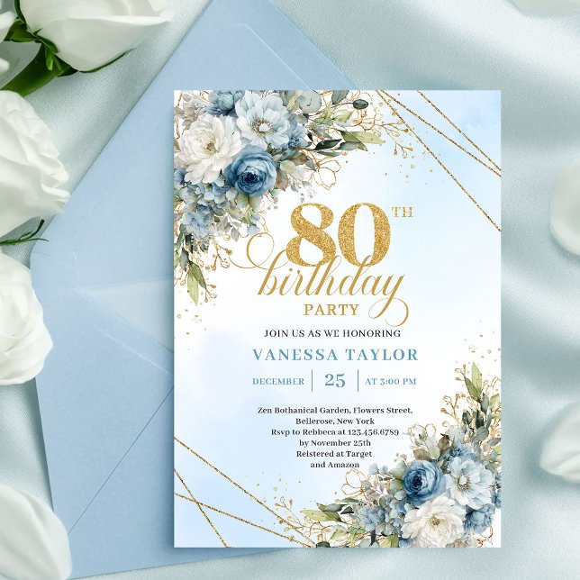 Invitación de cumpleaños 80 boho lujo azul polvori (Luxury 80th Birthday Invite Dusty Blue Gold Watercolor)