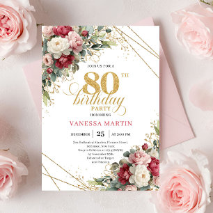 Invitación de cumpleaños 80 Boho Rojo Blanco Veget
