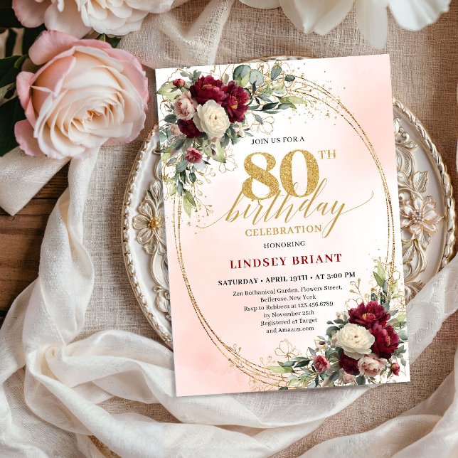Invitación de cumpleaños 80 Boho Rústico Floral Bo (Rustic Boho Burgundy Floral 80th Birthday Invitation)
