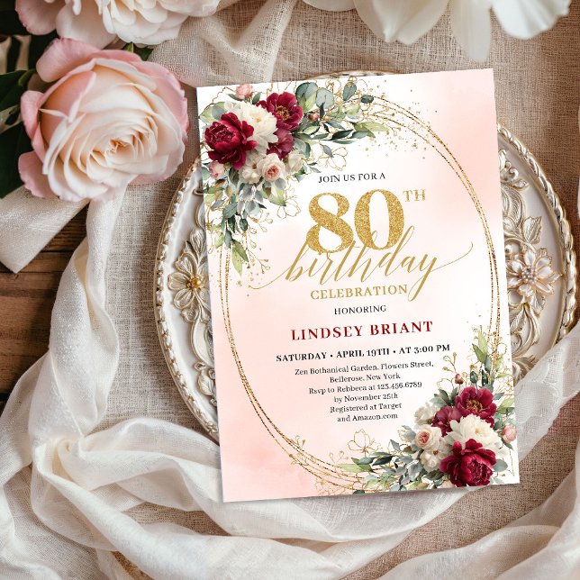 Invitación de cumpleaños 80 Burgundy Boho Garden F (Burgundy Boho Garden Floral 80th Birthday Invitation)