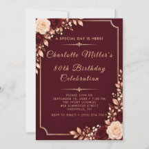 Invitación de cumpleaños 80 Burgundy & Ivory Roses