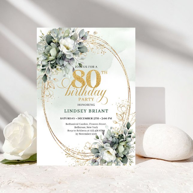 Invitación de cumpleaños 80 Chic Eucalipto Verde (Chic Eucalyptus Greenery 80th Birthday Invite)