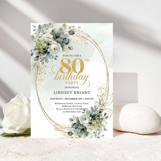 Invitación de cumpleaños 80 Chic Watercolor Greene (Chic Watercolor Greenery 80th Birthday Invite)