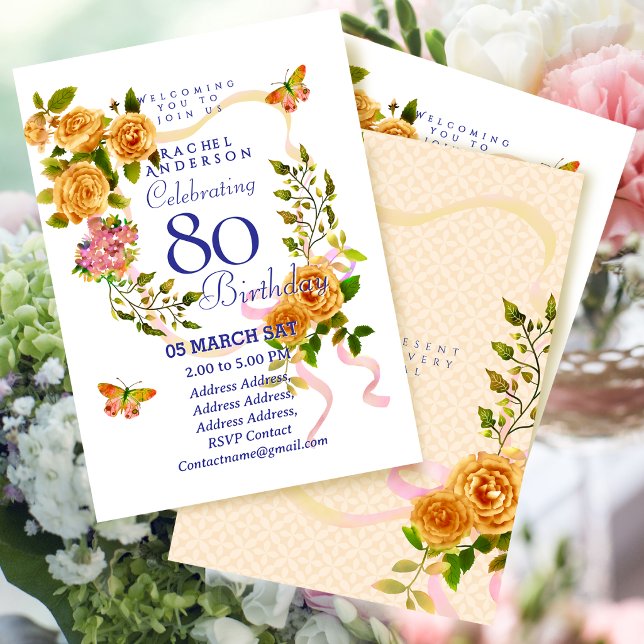 Invitación de cumpleaños 80 cinta de rosa de oro (Gold Rose Ribbon 80th Birthday Invitation)