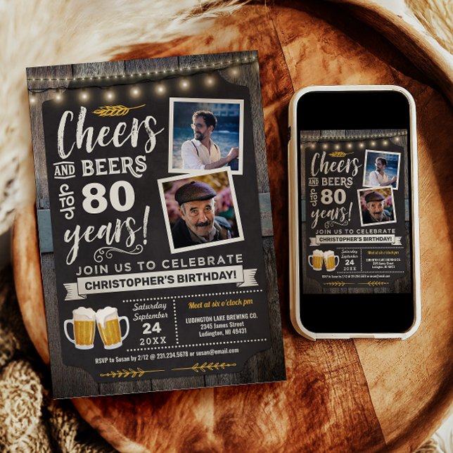 Invitación de cumpleaños 80 con Cheers y Beers y f (Photo Cheers and Beers 80th Birthday Invitation)