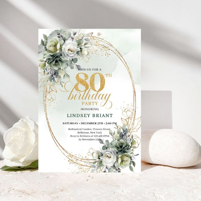Invitación de cumpleaños 80 con follaje de rosas b (Romantic White Roses Foliage 80th Birthday Invite)