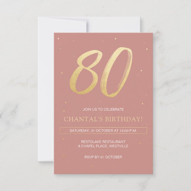 Invitación de cumpleaños 80 con rosa y oro polvori (Anverso)