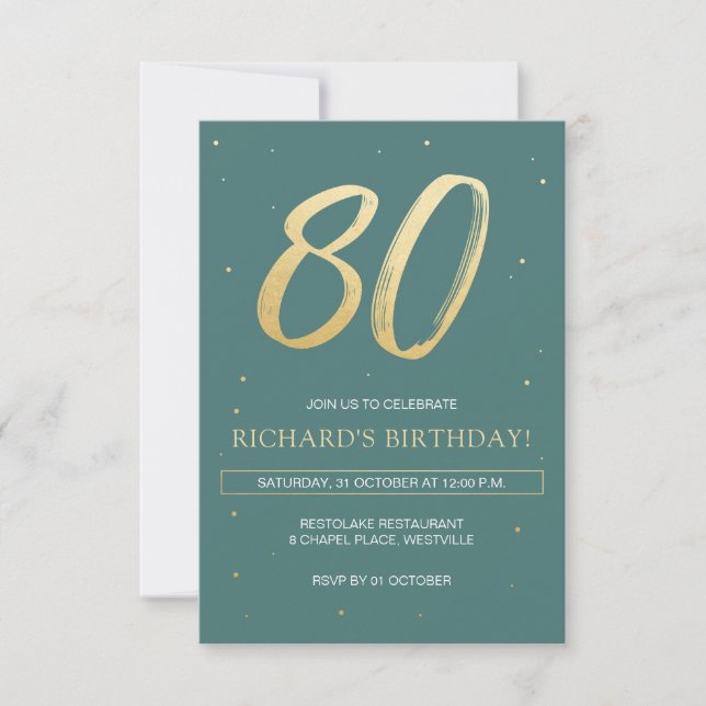 Invitación de cumpleaños 80 con verde sabio y oro (Anverso)