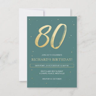 Invitación de cumpleaños 80 con verde sabio y oro