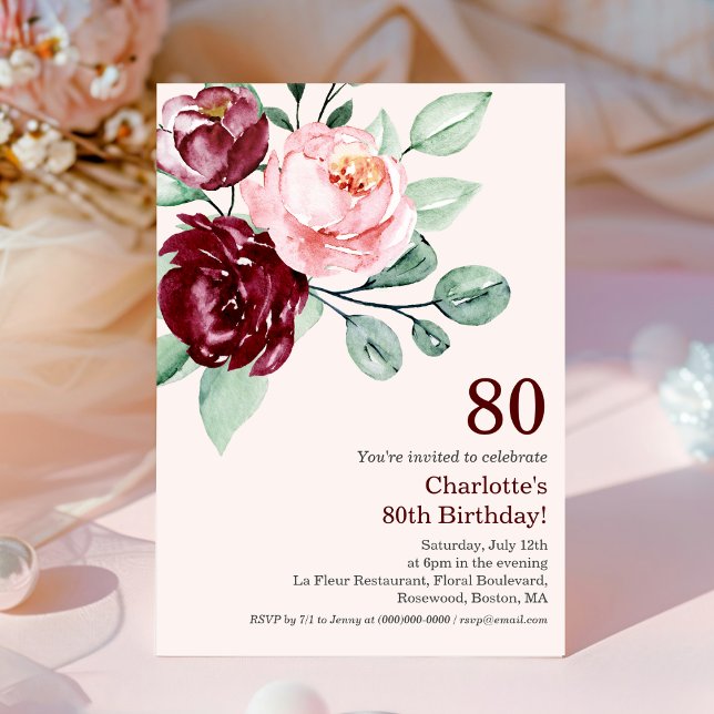 Invitación de cumpleaños 80 de Burgundy Floral (Subido por el creador)